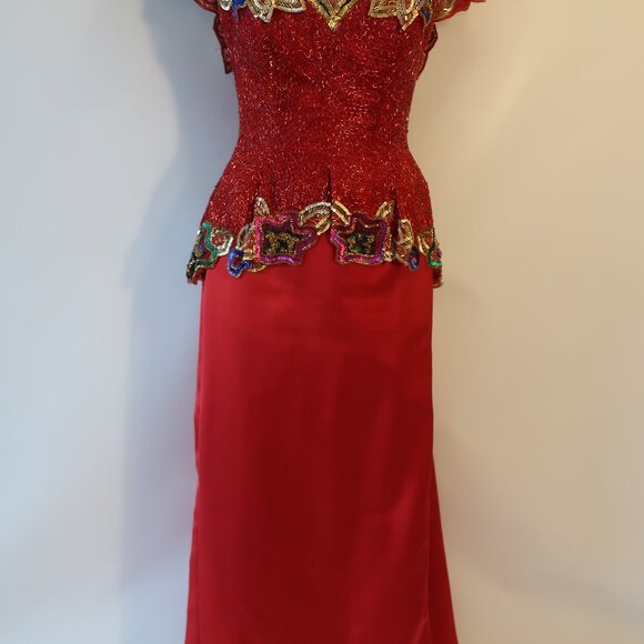 Womens Fabrice Silhouette Red Gold Beads Sequin Silk Satin Formal Gown Dress 10* - Picture 9 of 16